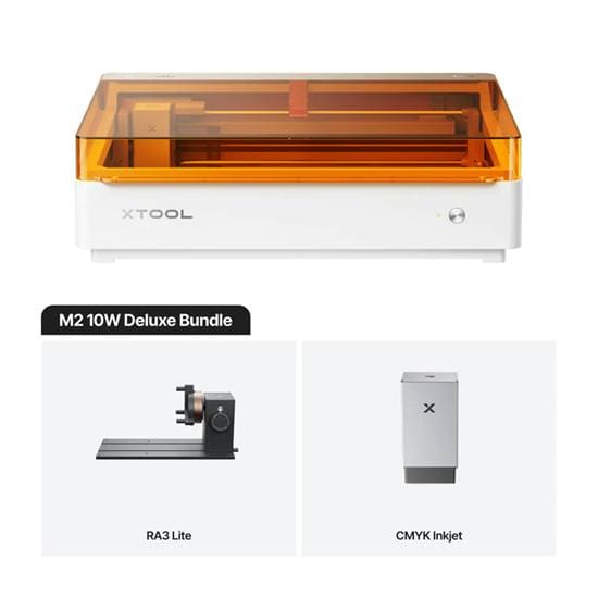 Kit xTool M2 10 W Deluxe: máquina, rotativo RA3 Lite e módulo de jato de tinta CMYK