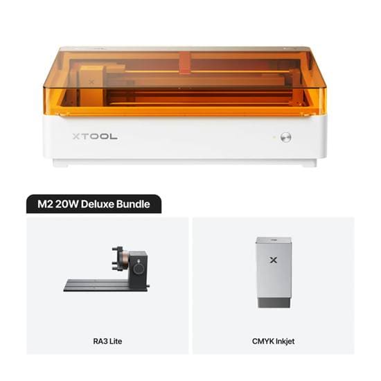 Kit xTool M2 20 W Deluxe: máquina, rotativo RA3 Lite e módulo de jato de tinta CMYK
