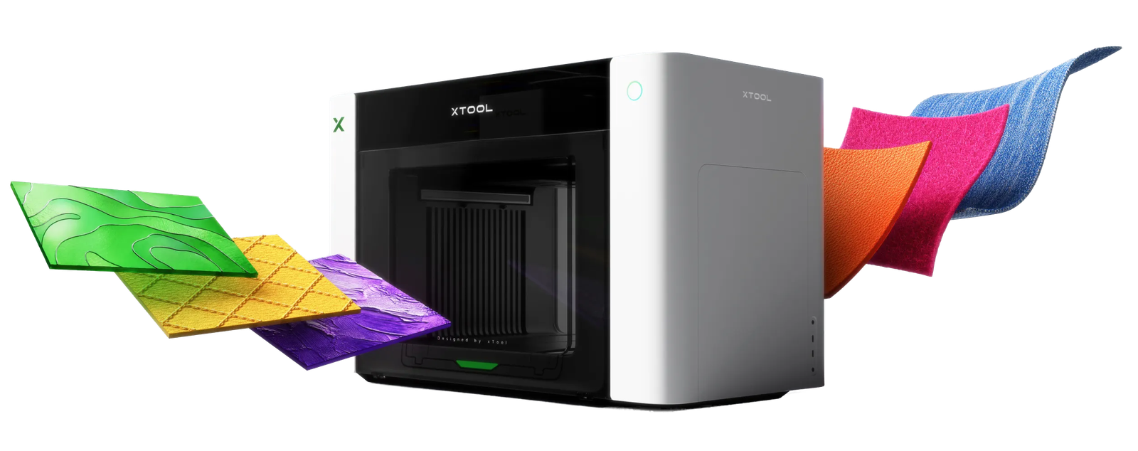 xTool O1 Omni com placas e tecidos impressos em cores e relevo