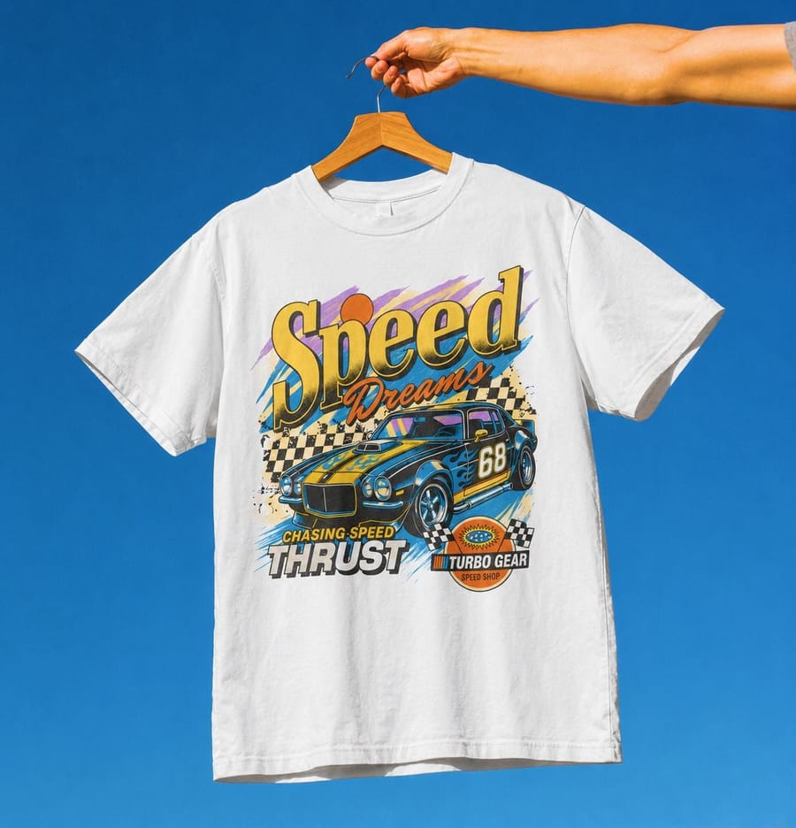 Camiseta branca com estampa de carro de corrida