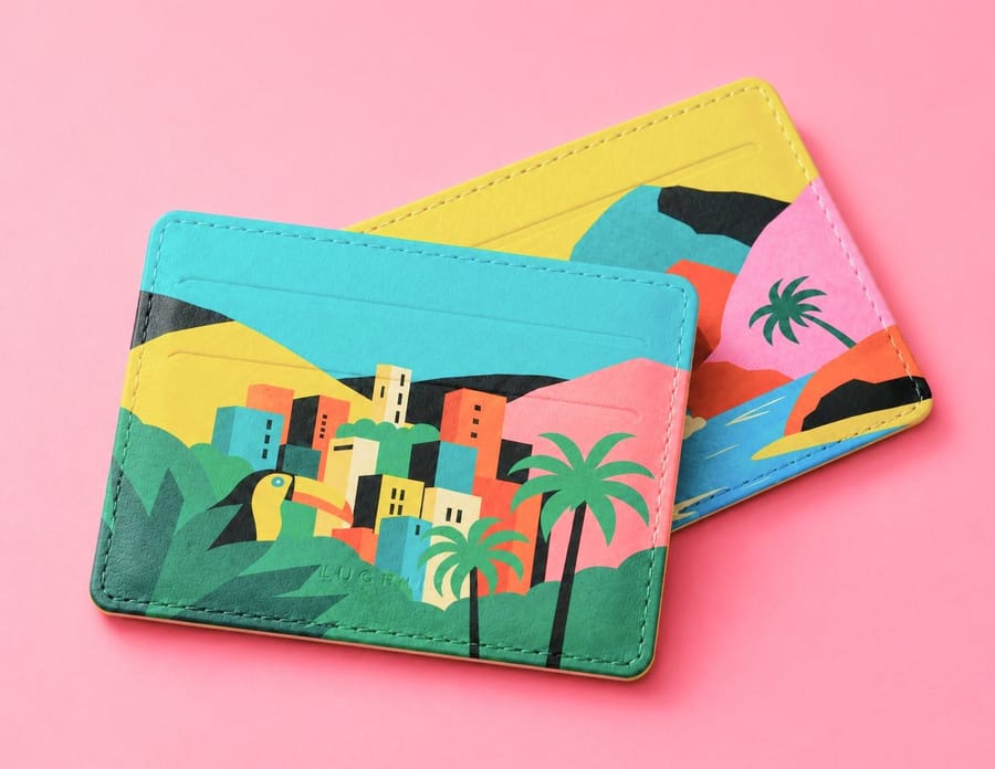Porta-cartões de couro com paisagens coloridas